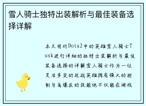 雪人骑士独特出装解析与最佳装备选择详解